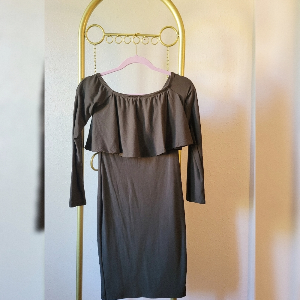 Long Sleeve Olive Dress Above The Knee Length by Fashion Nova Size M